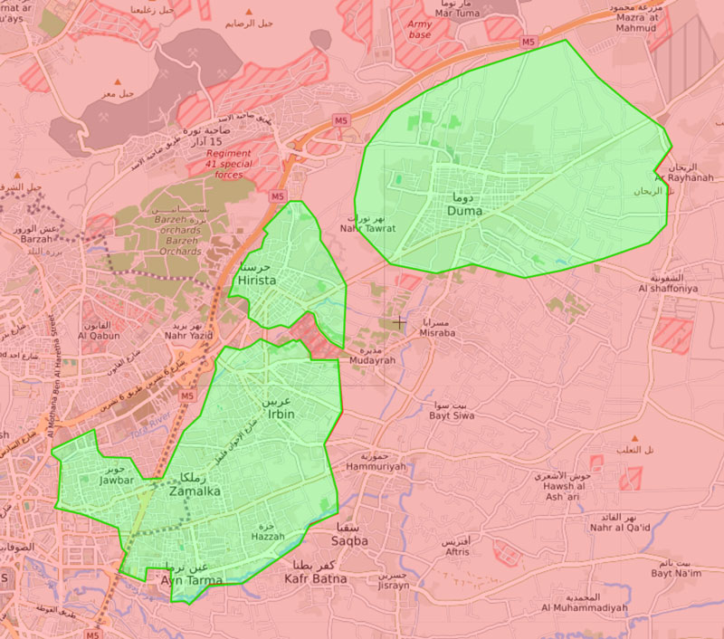 خريطة السيطرة في الغوطة الشرقية لدمشق - 22 آذار 2018 (livemap)