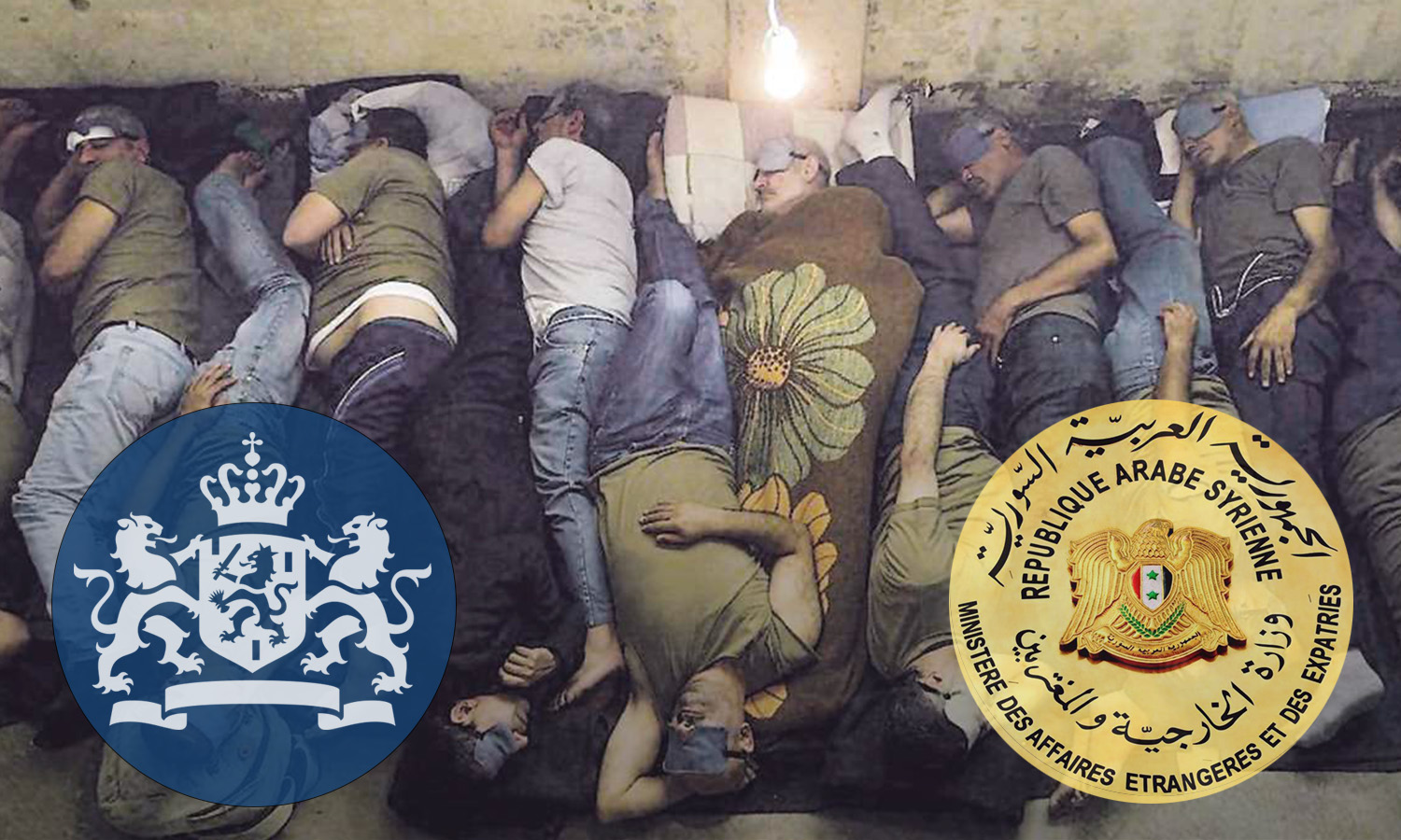 مشهد تمثيلي لمعتقلين في سجون النظام السوري (تعديل عنب بلدي)