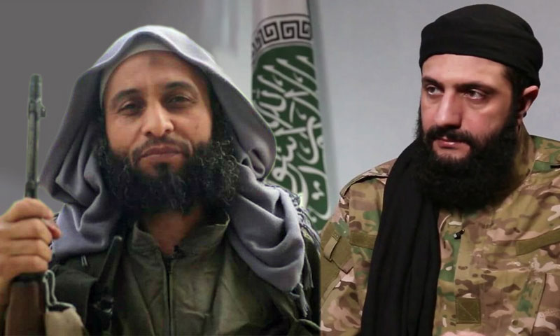 Photo of the leader of Hayat Tahrir al-Sham Abu Mohammad al-Julani and the group’s former leader Abu al-Yaqzan (edited by Enab Baladi)