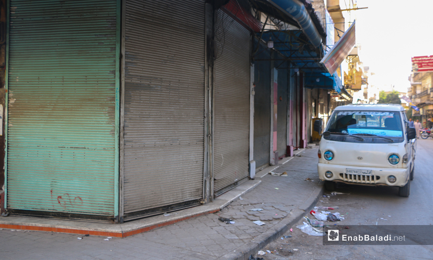 Closed shops in Idlib city due to a partial strike to condemn the Russian massacre, which left tens of fatalities in a training camp for the “Sham Legion” faction- 27 October 2020 (Enab Baladi Anas al-Khouli)